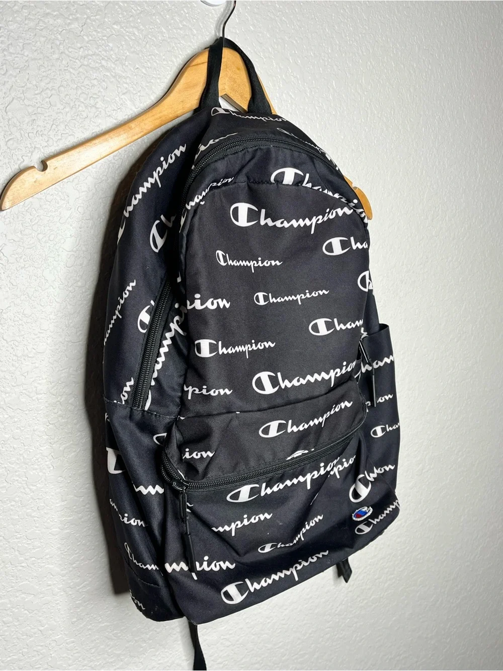 Champion‎ All Over Logo Print Backpack Black White School Travel Gym Bag